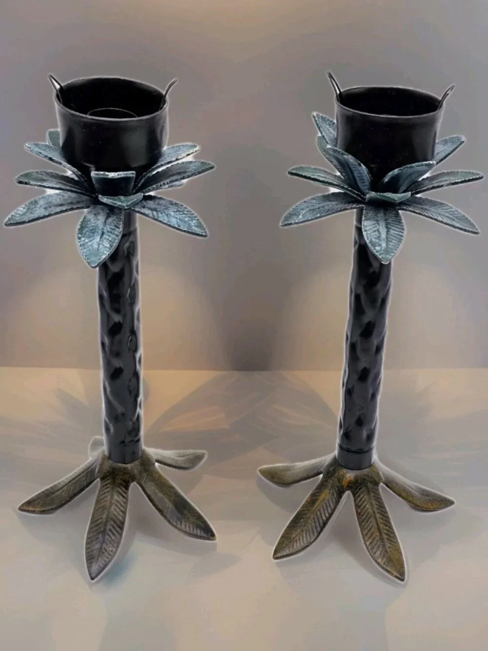Tropical Palm Tree Candle Sticks Holders Metal 10.5